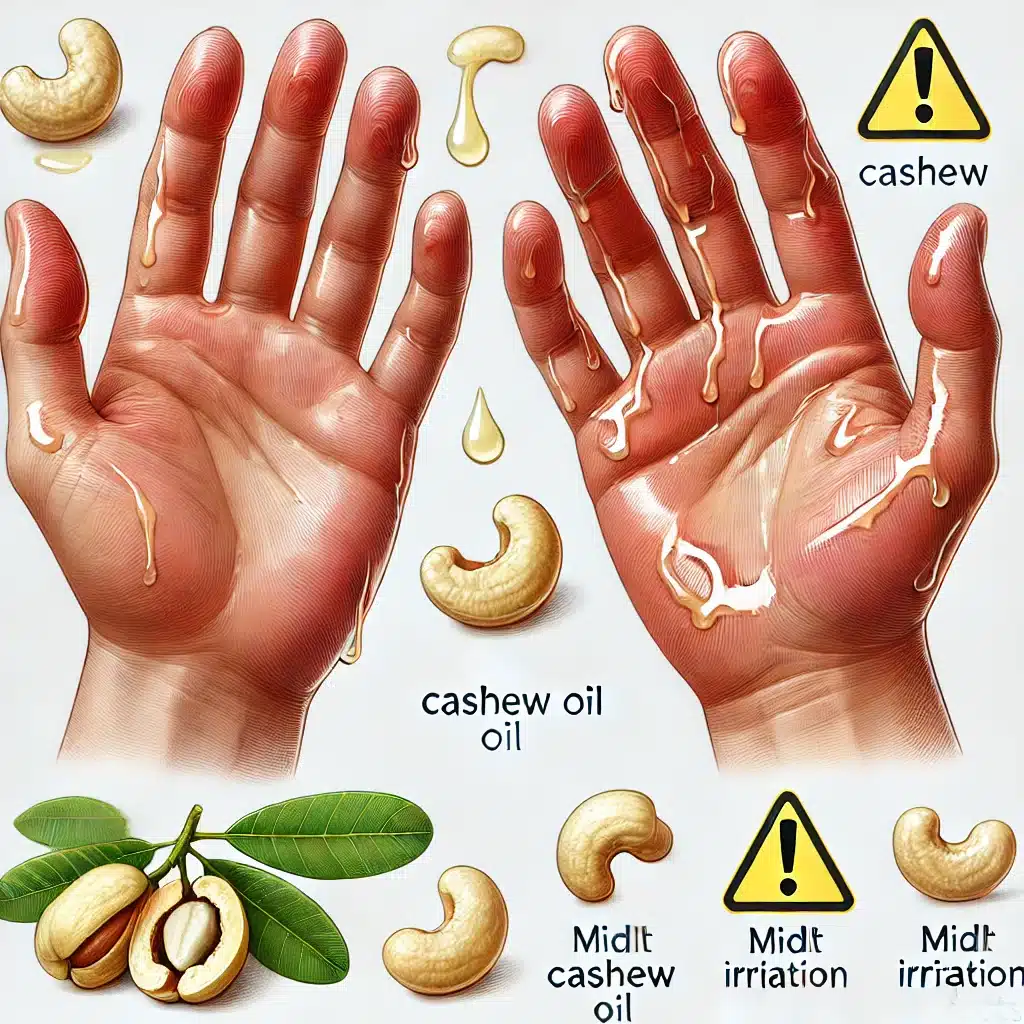 hazards of cashew oil on human hands.